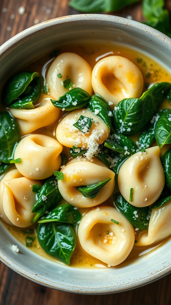 A bowl of creamy spinach tortellini in garlic Parmesan sauce, garnished with parsley on a wooden table.